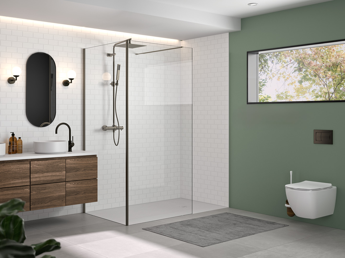 Duschwand Solo Design mit Rückwand in einem offenen Duschbereich