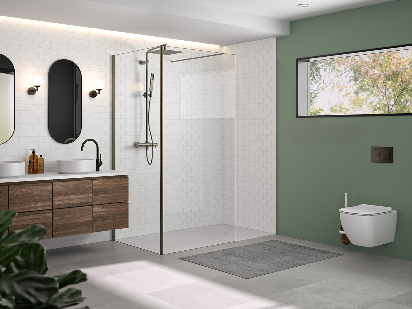 Duschwand Solo Design mit Rückwand in einem offenen Duschbereich