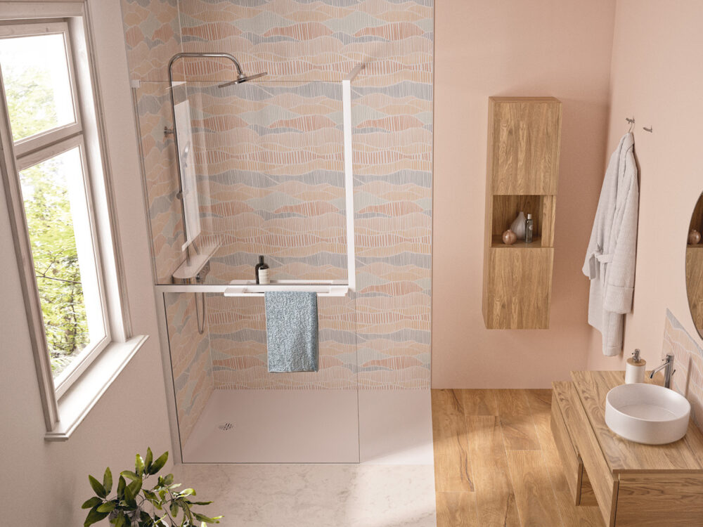 Walk-In Dusche mit Duschwand Solo Z weiß mit Handtuchhalter und Innenregal für Duschutensilien und Duschwanne Kinesurf Nova