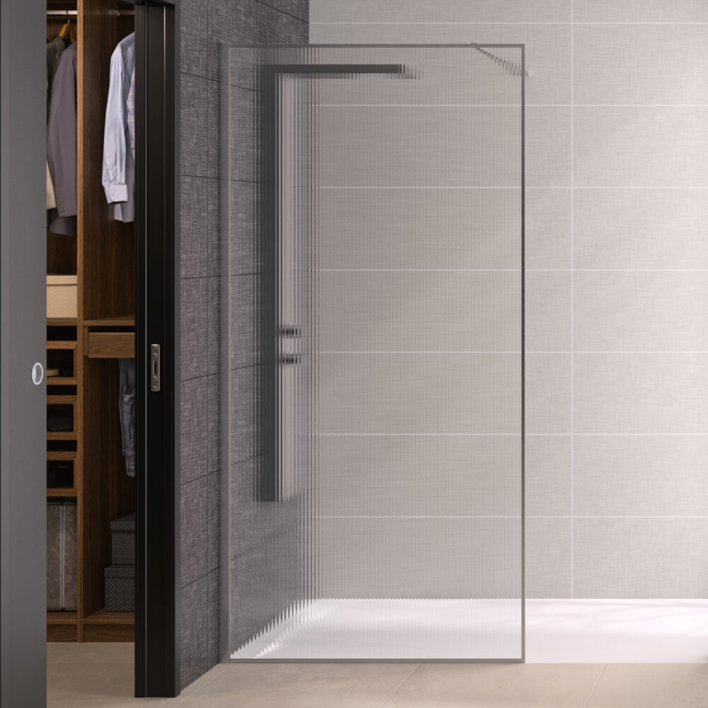 Produktbild Duschwand Solo Design+ mit Dekorglas Flutes und Profil in Chrom