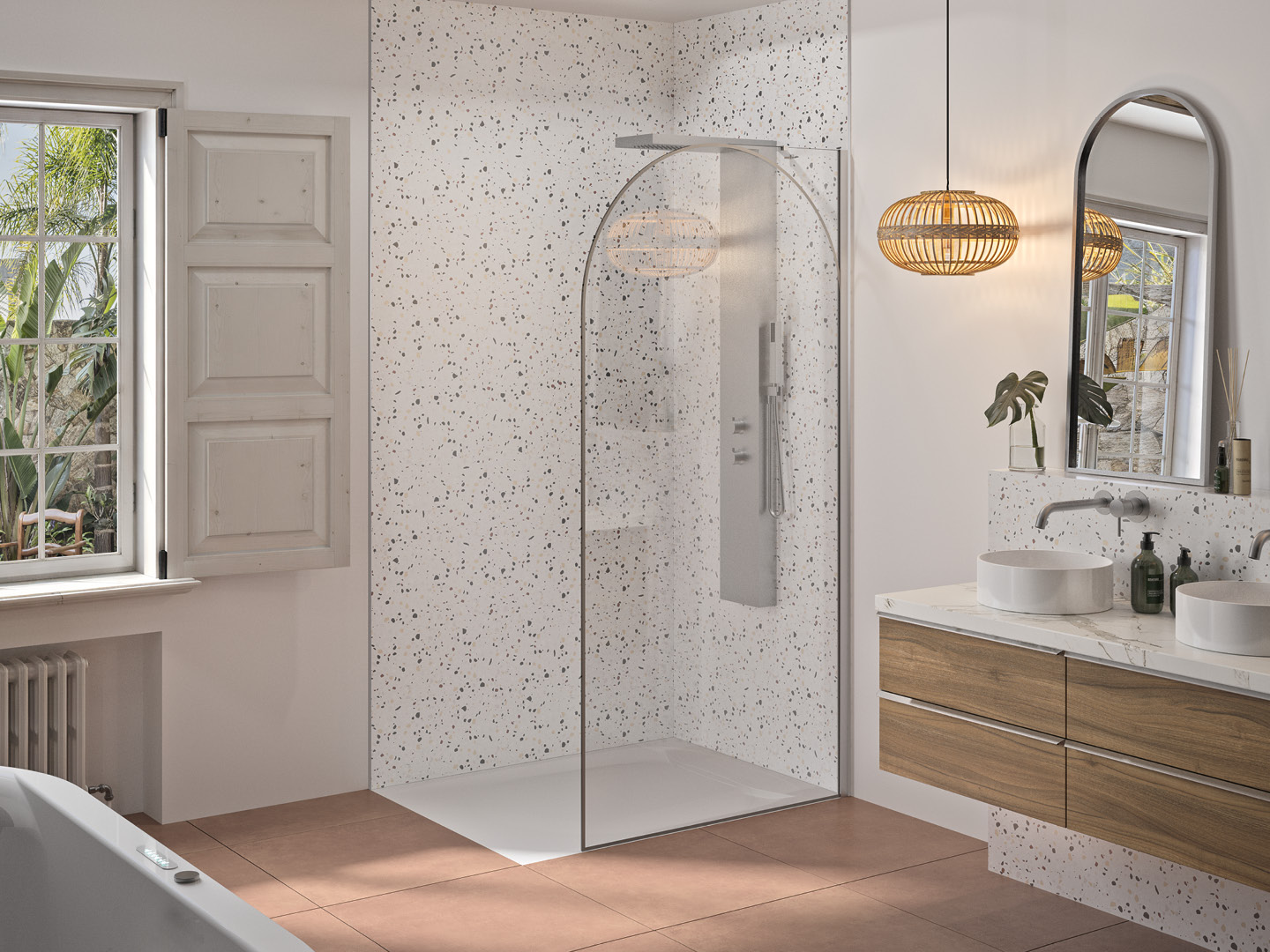Duschwand Solo Arkade Edelstahl in offenem Duschbereich zusammen mit Kinewall Crédence Terrazzo blau