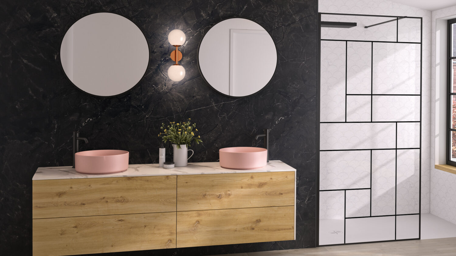 Duschwand Solo Design+ mit schwarzem Profil und Dekorglas Mondrian als Walk-In Dusche installiert